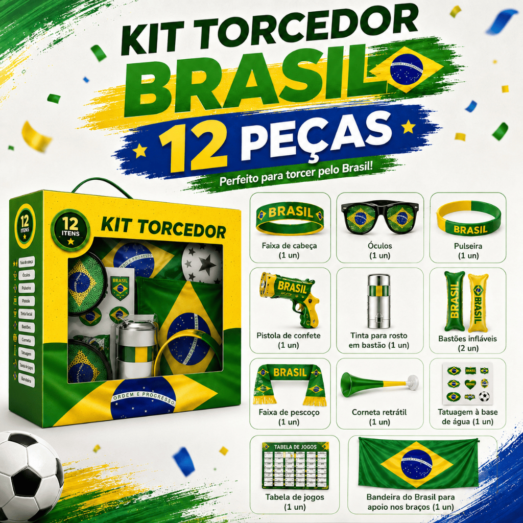 Kit Torcedor Copa do Mundo 2026 Brasil 12 Itens Torcida Bandeira Óculos Pulseira Adesivos Corneta