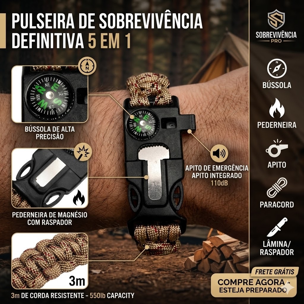 Pulseira de Sobrevivência Paracord 5 em 1 - Bússola, Apito, Pederneira, Corda Tática