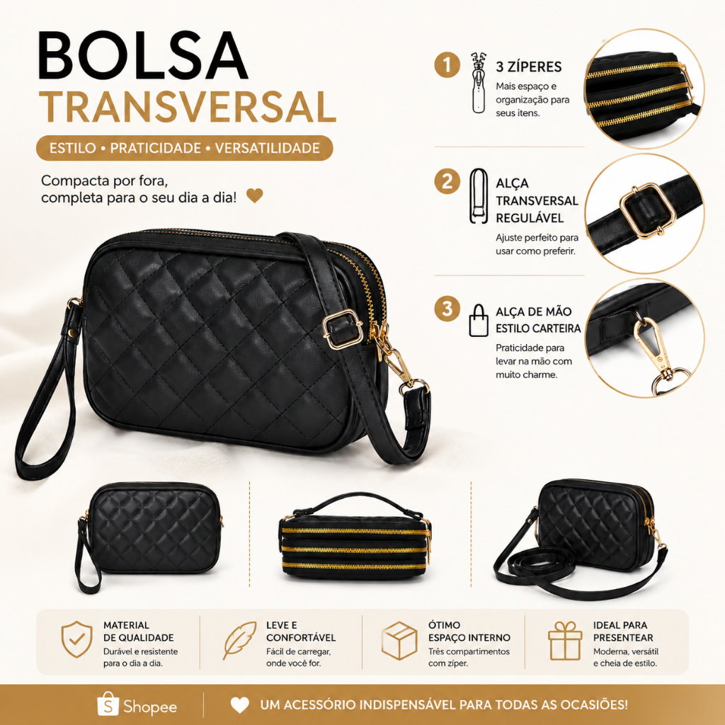 Bolsa Transversal Crossbody Acolchoada Detalhe Zíper Pu Passeio Diversão