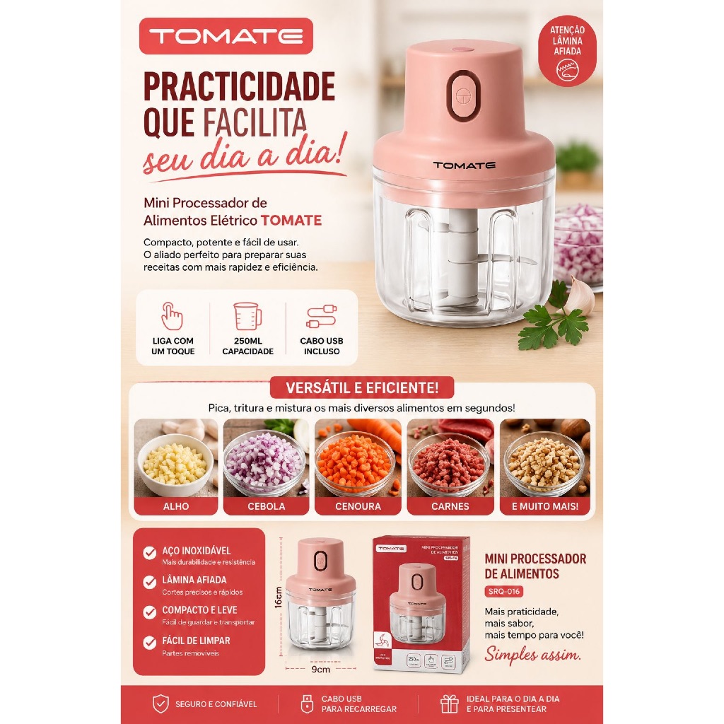 Mini Processador Triturador de Alimentos Sem Fio Elétrico 250ML Tomate