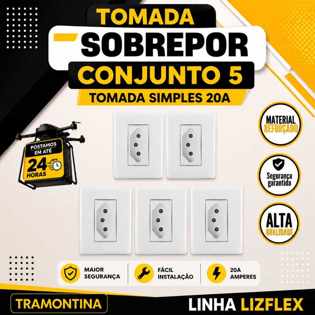 Kit 5 Conjuntos Tomada Sobrepor 20A Tramontina LizFlex Com Placa Instalação Elétrica Residencial