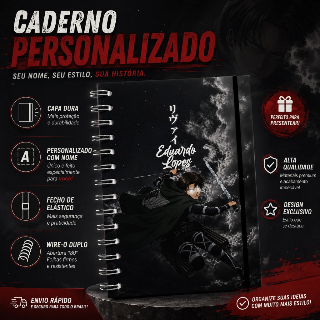 Caderno Personalizado Attack On Titan com Nome Capa Dura Wire-O 22x16cm Premium 120 Folhas