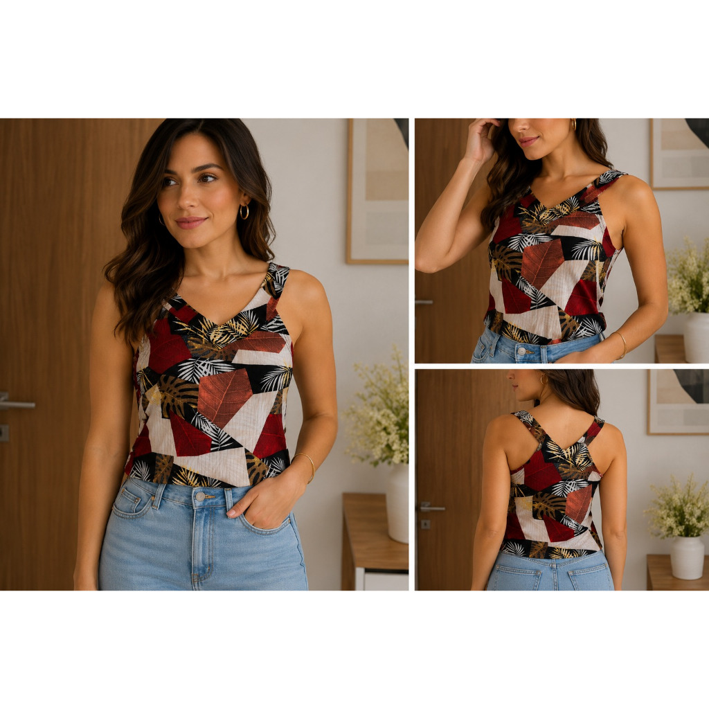 Blusa Feminina Regata Canelada Estampada Gola Alta Casual Elegante Confortável Moda Feminina
