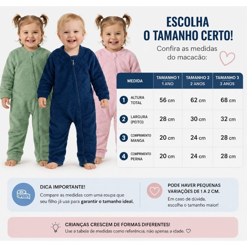 Macacão Bebê Fleece Inverno Quentinho Zíper Frontal Menino Menina 1 a 3 Anos -  Confira as Medidas