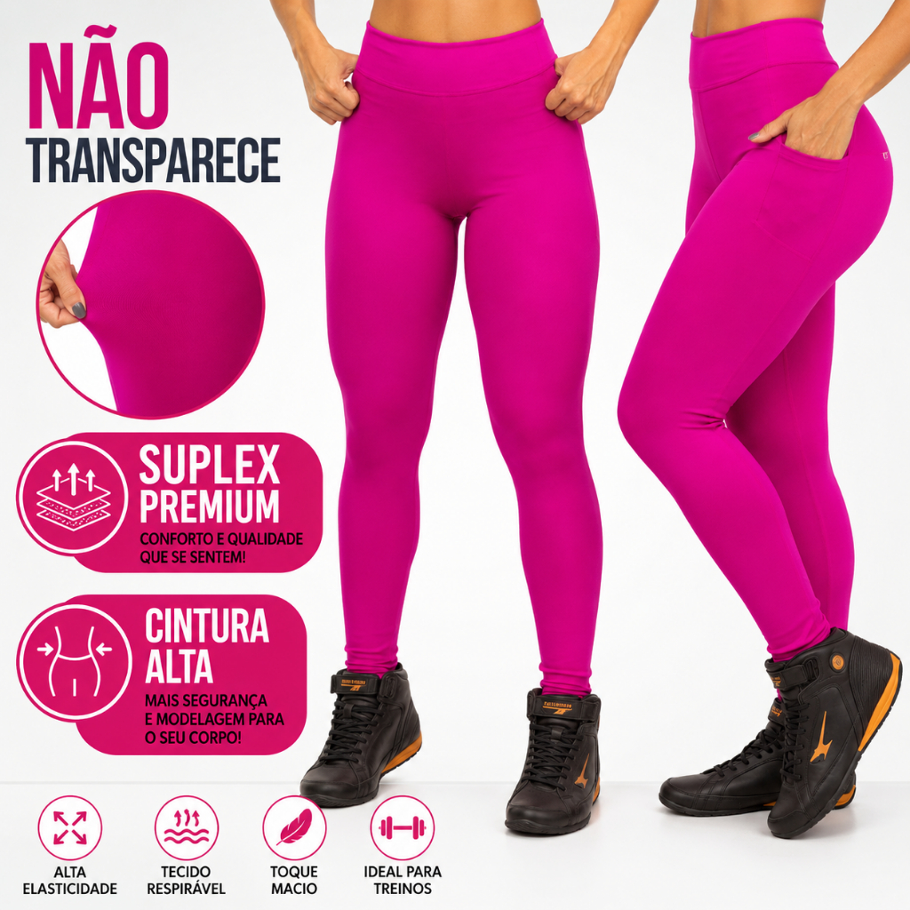 Calça Legging Academia Feminina Suplex Premium Não Transparente Cintura Alta Rosa Fitness Treino Musculação