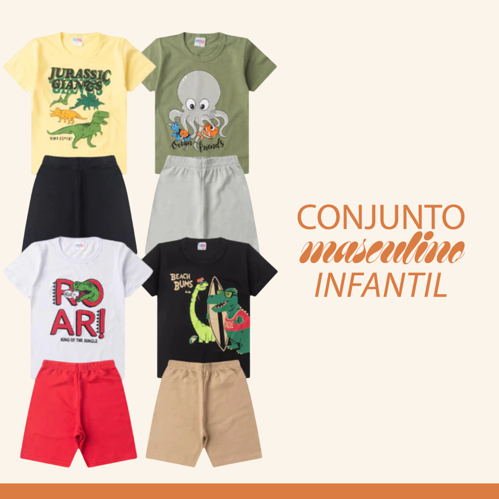 Conjunto Menino Infantil Roupa Masculino Sortido Algodão Confortável Macio Verão