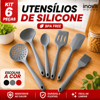Kit 6 Utensílios de Silicone Cozinha Colher de Silicone Espátula Concha Escumadeira Pegador Pão Duro