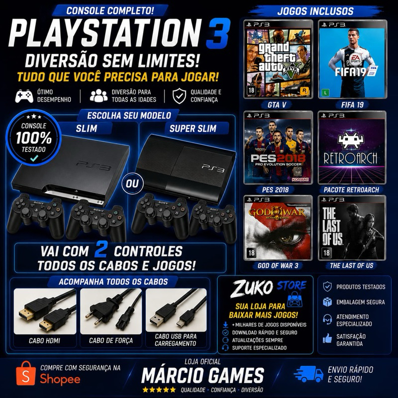 Ps3 Slim ou Super Slim Desbloqueado 500 Gigas + 2 Controles e Cabos + de 3 mil Jogos ( Leitor Funcionado )