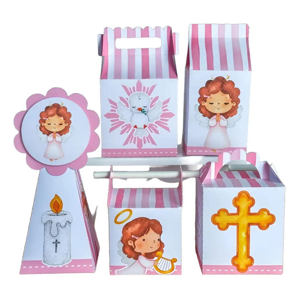 Kit Papelaria Personalizada Batizado Rosa Caixa Caixinha para Festa DESMONTADO