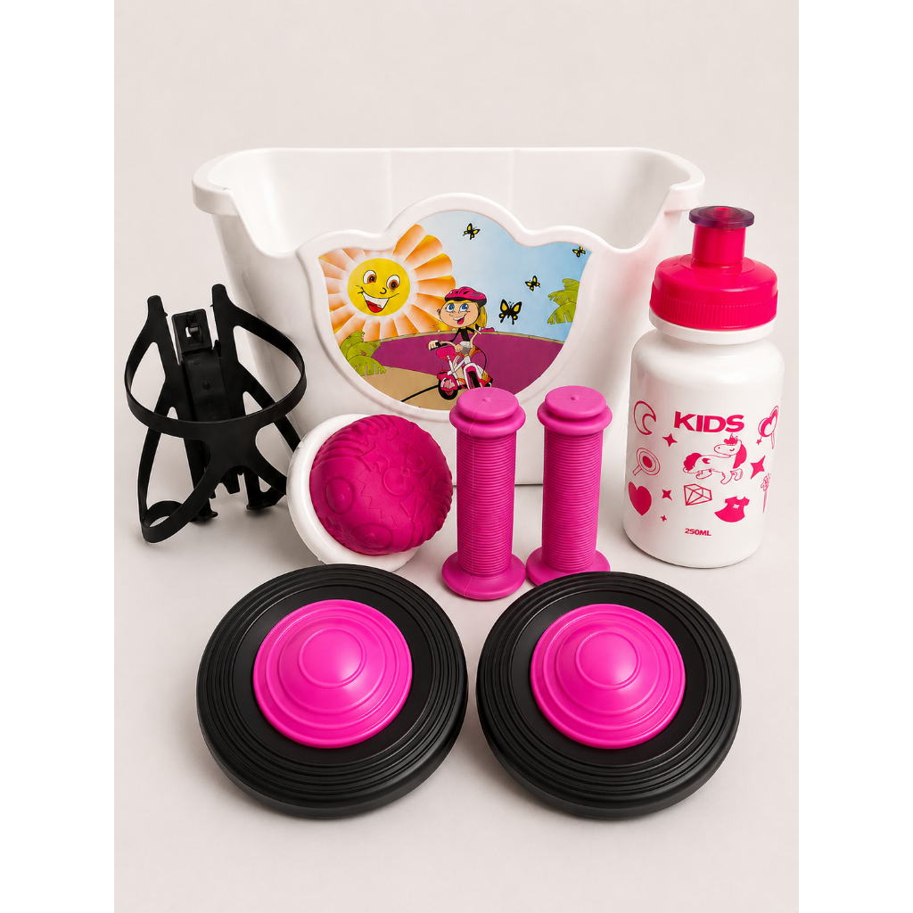 Kit Infantil Completo com Manopla - Roda Lateral - Buzina - Garrafinha - Suporte para Garrafinha e Cestinha