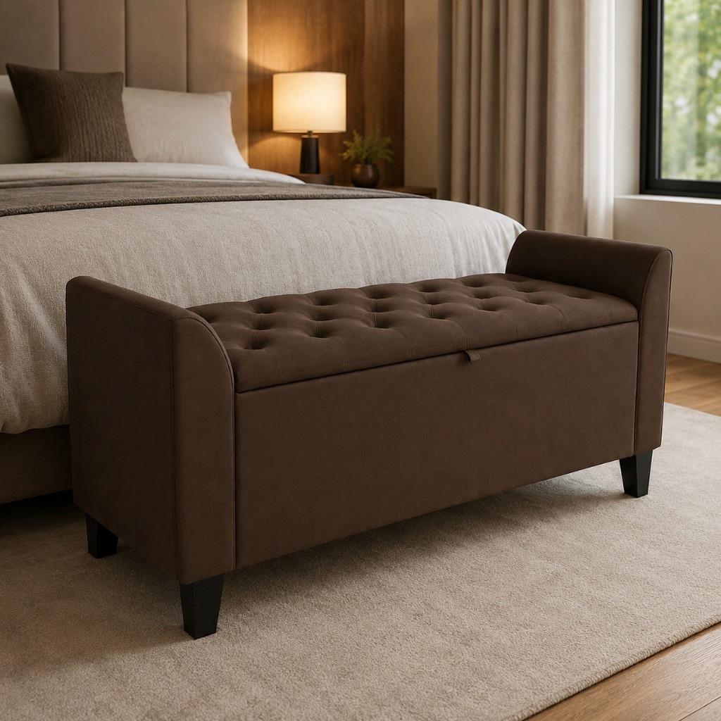 Recamier Baú Estofado Braços Capitonê para Pé de Cama Quarto Casal 1,20m Estilo Clássico