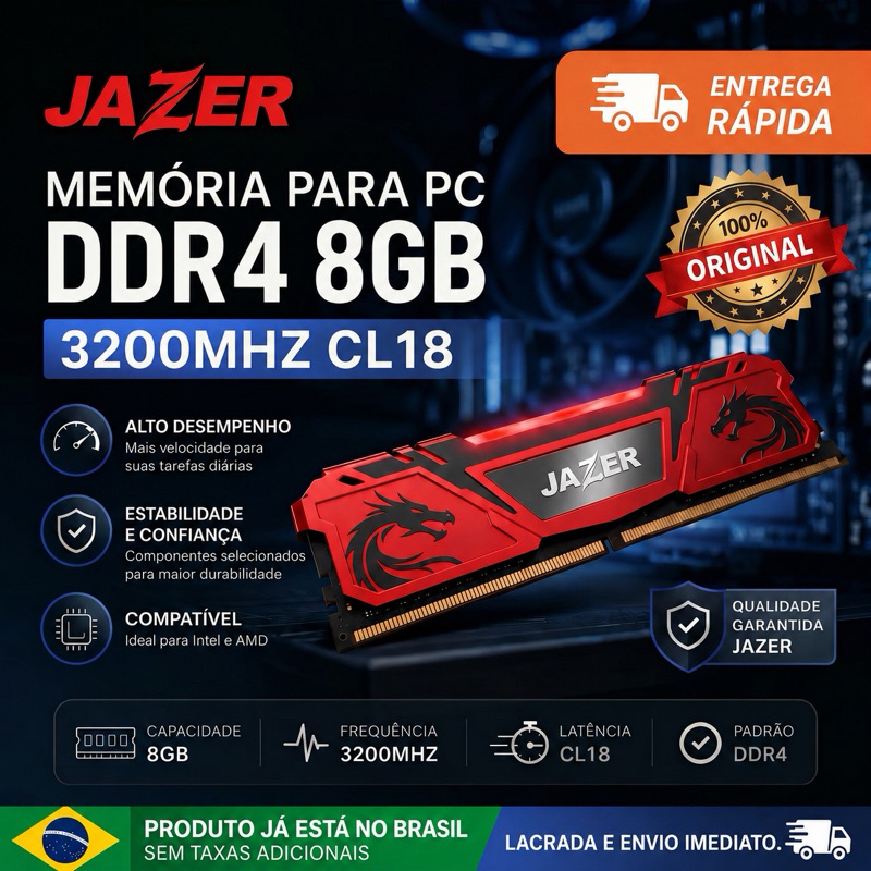 [COM DISSIPADOR] Memória RAM JAZER 1x8GB DDR4 3200Mhz - Alta Performance, Lacrada e Envio Imediato