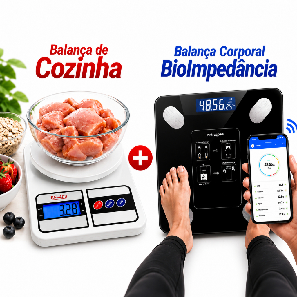 Kit Fitness Balança Corporal Bioimpedância IMC App 180KG+ Balança Digital Cozinha 10kg Alta Precisão