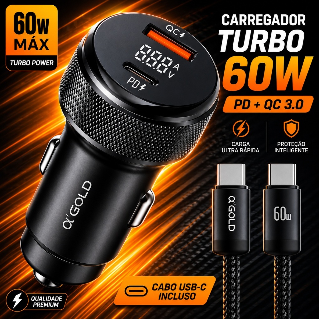 Carregador Veicular Turbo com LED 60W Entradas USB e Tipo C com ou sem Cabo Fonte Carro Automotivo