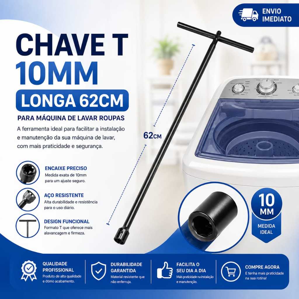 Chave T Longa 62CM 10mm para Máquina de Lavar Roupas Universal Abrir Agitador Todas Marcas