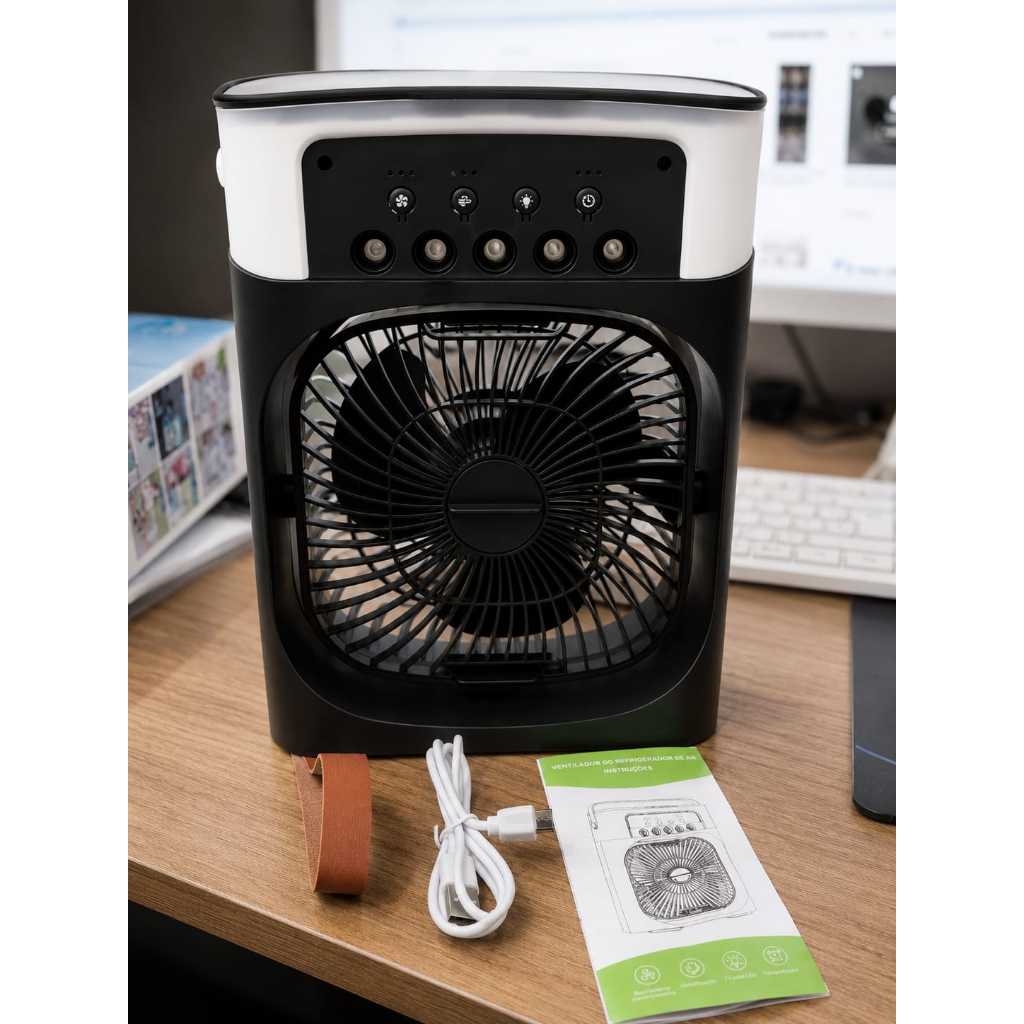 Mini Ventilador 5 em 1 com Umidificador de Ar Luz LED e Tanque de Água