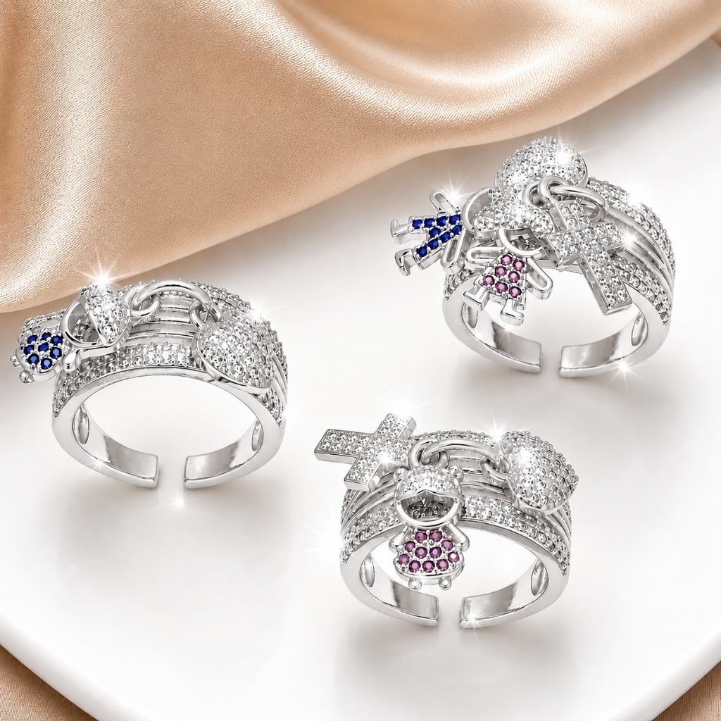 Anel de filhos cravejado em zircônias Luxo ajustável Feminino De Ouro 18K prata 925 Jóias