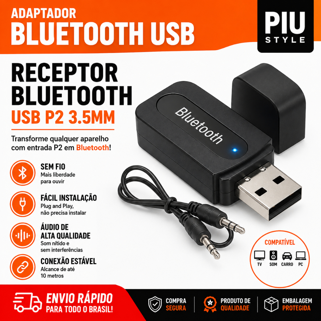 2 Receptor Bluetooth Áudio Stereo 2.1 Usb P2 Adaptador Músicas / Adaptador Receptor de Áudio Bluetooth USB 3.5mm