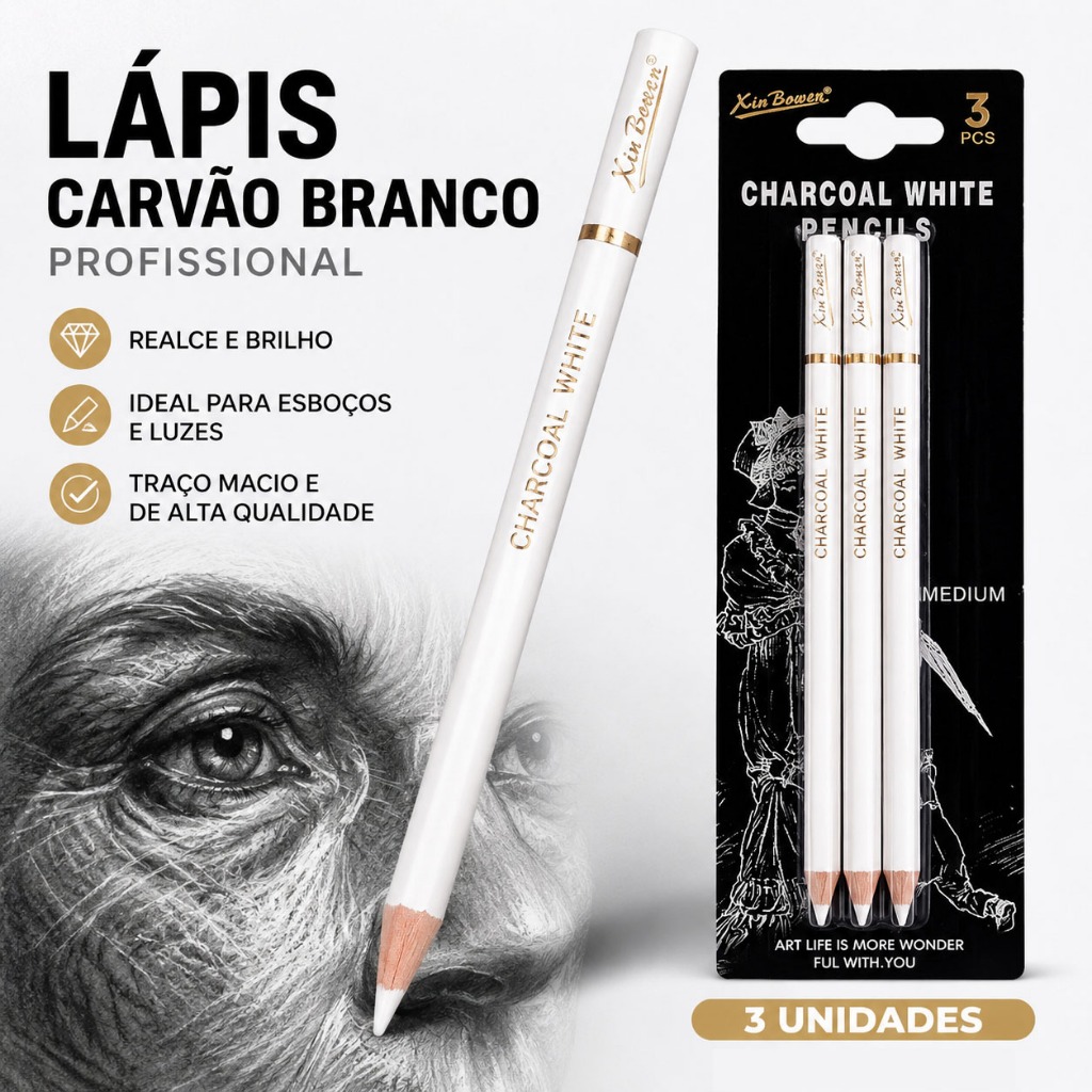 Kit Lápis Carvão Profissional 3-9 Unid Branco para Esboço Sombreamento Desenho Artístico 004