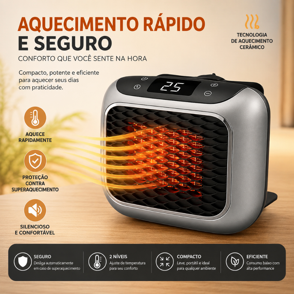 Mini Aquecedor Elétrico 110V Cerâmico 800W Aquecimento Rápido Baixo Consumo Digital Silencioso