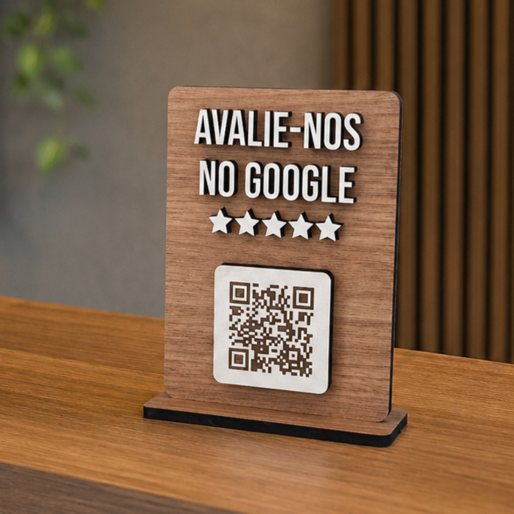 Placa Display de Mesa QR Code Google Avaliações MDF Personalizada Google Meu Negócio 22x15cm Laser