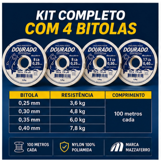 Kit Linha de Pesca Monofilamento 100mm com 4 bitolas 0.25/0.30/0.35/0.40mm Dourado Premium UV