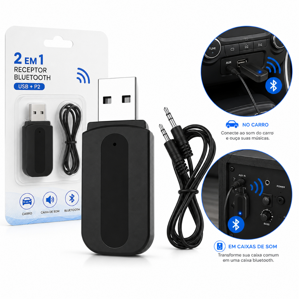 Adaptador Receptor Bluetooth USB P2 Para Carro Caixa De Som Altomex