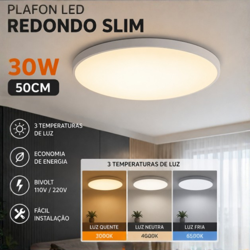 Plafon Led Redondo 30w 50cm 3 Temperaturas Luminária De Teto Design Slim Moderno