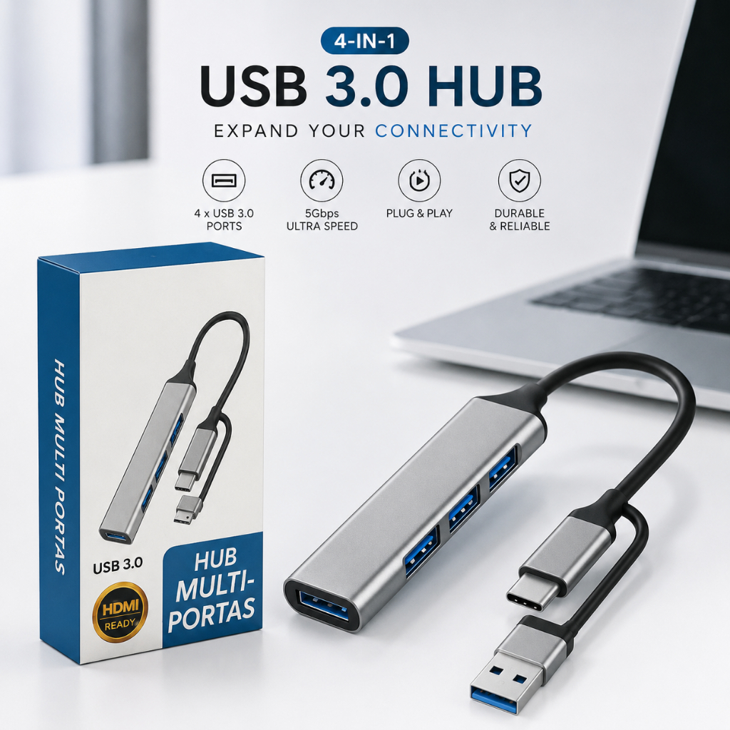 Hub Portátil USB-C 4 Portas USB 3.0 Adaptador Ultra Rápido 5Gbps Notebook, MacBook, Celular e Tablet