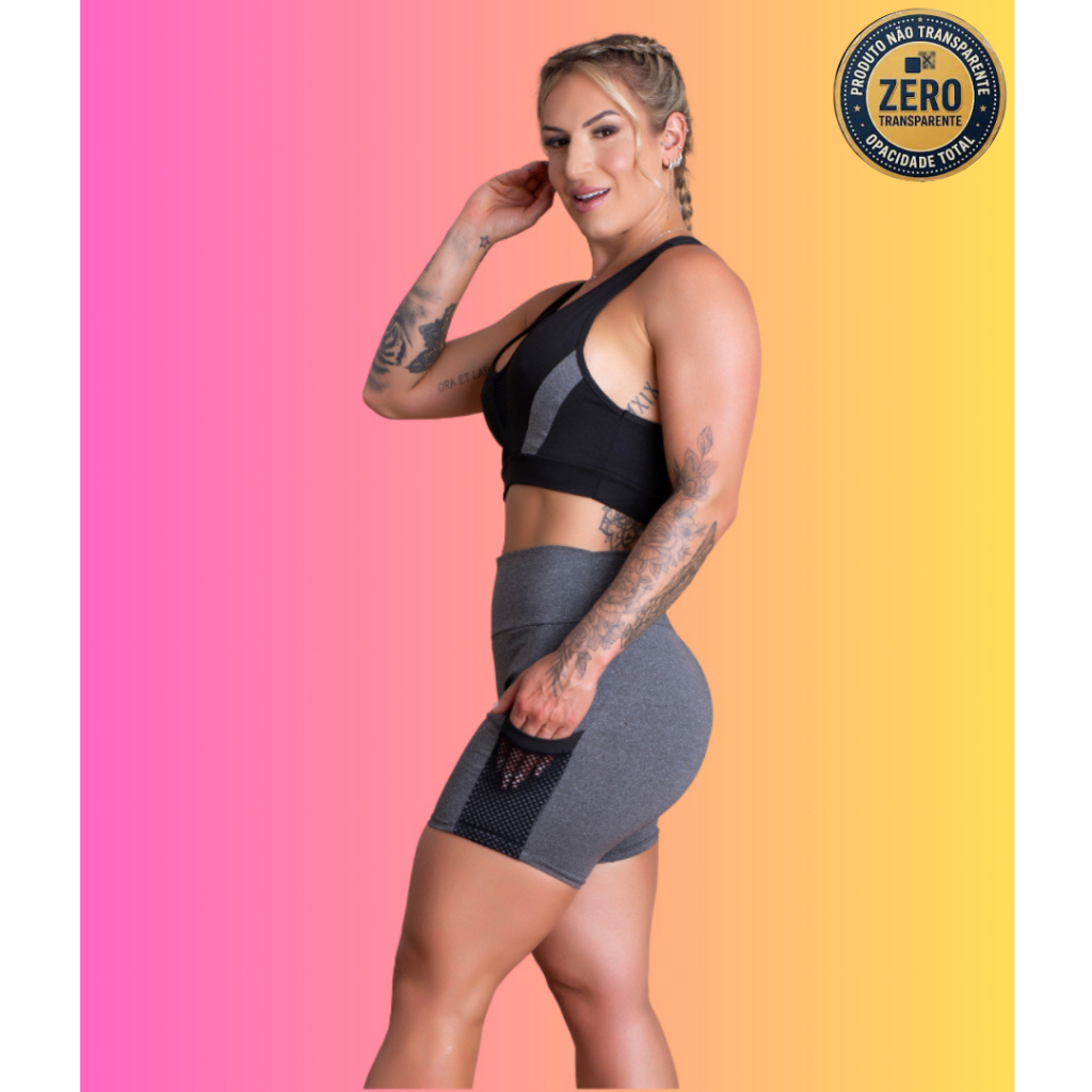 Conjunto Fitness Feminino Short Cintura Alta Bolso Tela Lateral E Top Nadador Tela Frontal Academia ZERO TRANSPARÊNCIA