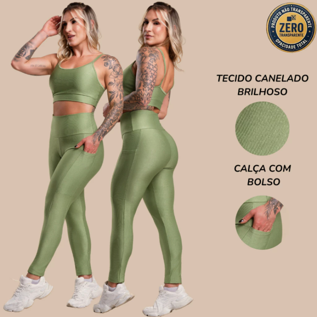 Conjunto Fitness Feminino Canelado Brilhoso Academia Top Alça e Calça Legging Bolso Cintura Alta Look Treino RIQ Modas