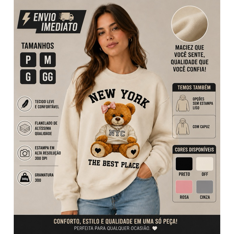 Moletom Feminino Flanelado  Confortável Estampado Ursinho Casual Quentinho Oversized  Premium inverno