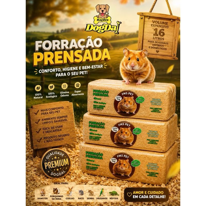 KIT COM 3 Serragem Prensada Fina Peneirada 800g - Para Gerbils, Ferrets, Chinchila, Hamsters, Porquinho-da-Índia