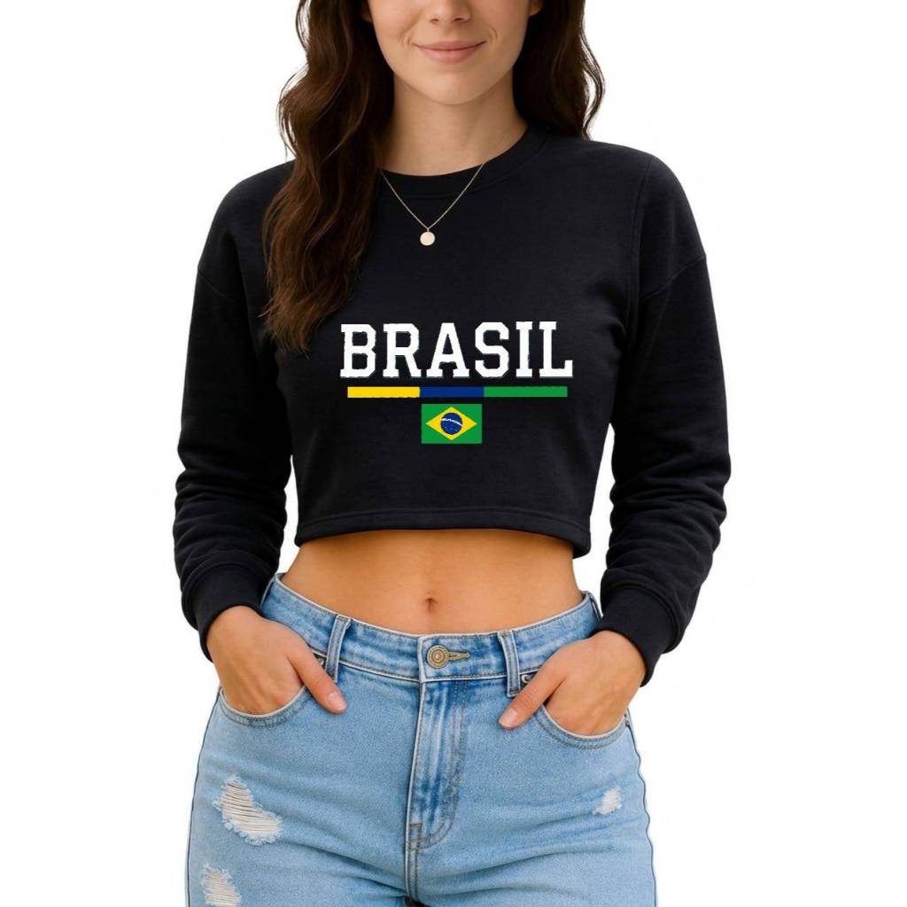cropped moletom feminino escrito brasil bandeira copa do mundo 2026 rumo ao hexa patria algodão