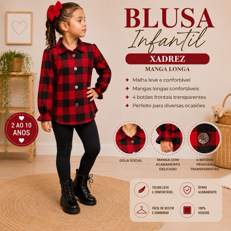 Blusa Infantil Xadrez Vermelha e Preta Manga Longa Social Botão Frontal Tecido Viscose Menina