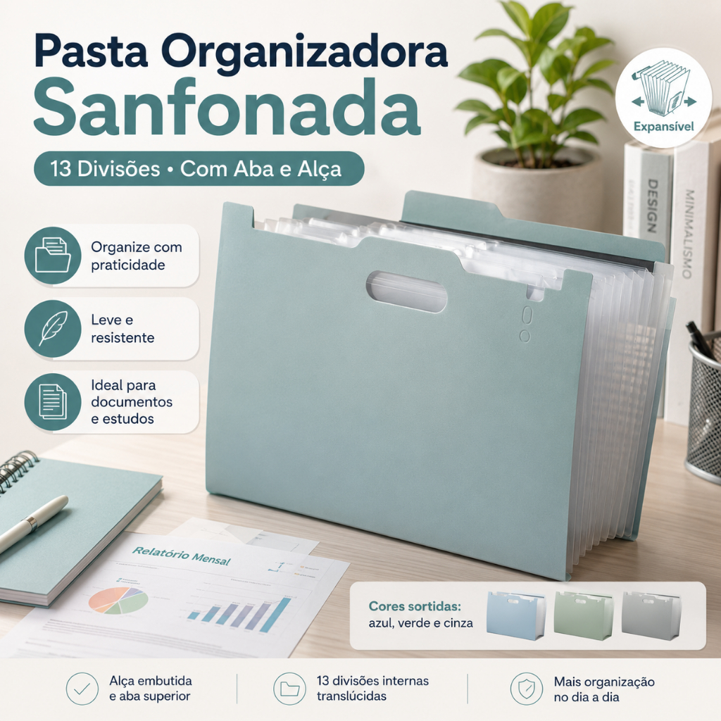 Pasta Organizadora de Documentos Sanfonada 13 Divisões Para Escritório Escola Arquivo Casa Prática