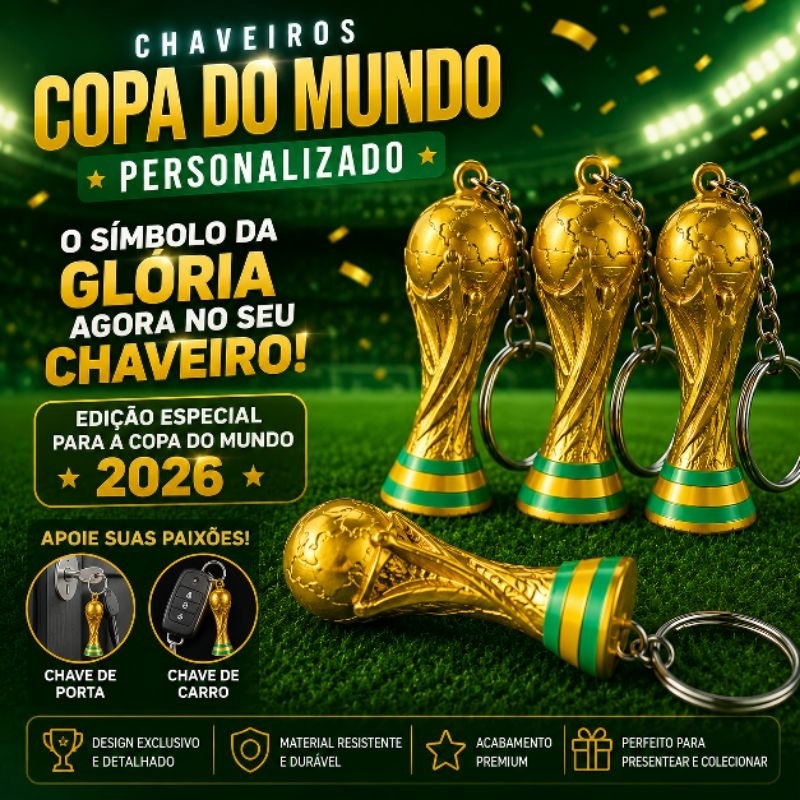 MINI TROFÉU DA COPA DO MUNDO 2026 – 10,20,40,50 unidades.CHAVEIRO PARA VC TORCER JUNTO PELO BRASIL PRONTA ENTREGA.