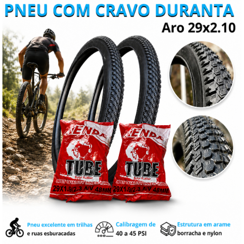 Pneu com Cravo Duranta Preto para bike MTB aro 29x2.10 bicicleta e Câmara Kenda 48MM aro 29x1.9/2.3
