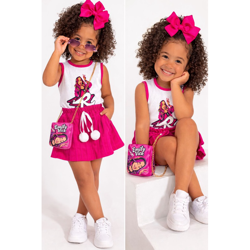CONJUNTO INFANTIL EMILLY VICK GRUPO DOS ROSAS BLUSA + SHORT SAIA MODA BLOGUEIRINHA TENDÊNCIA PARA MENINAS 2 A 12 ANOS — imagem 2 de 2