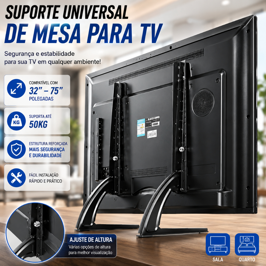 Suporte de Mesa para TV e Monitor 32 a 75 Polegadas Universal Base Fixa com Pé Suporta até 50kg