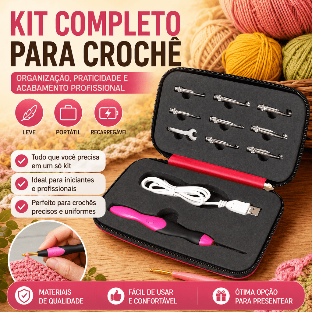 Kit de crochê LED USB 9 em 1 com agulhas substituíveis para tricô faça você mesmo