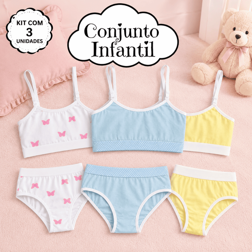 Kit 3 Conjunto Infantil Juvenil Menina Sem Bojo Algodão Roupa Verão Conforto Diário