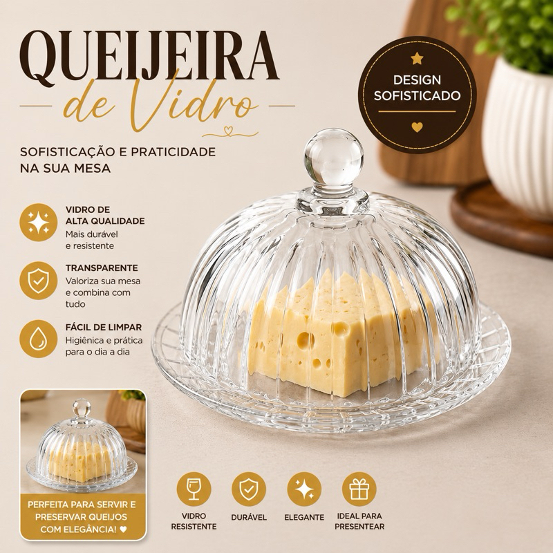 Queijeira Prato para Queijo Doces Vidro Canelado com Cúpula Mini Milano | Lindo Sofisticado Mesa Posta Servir Premium