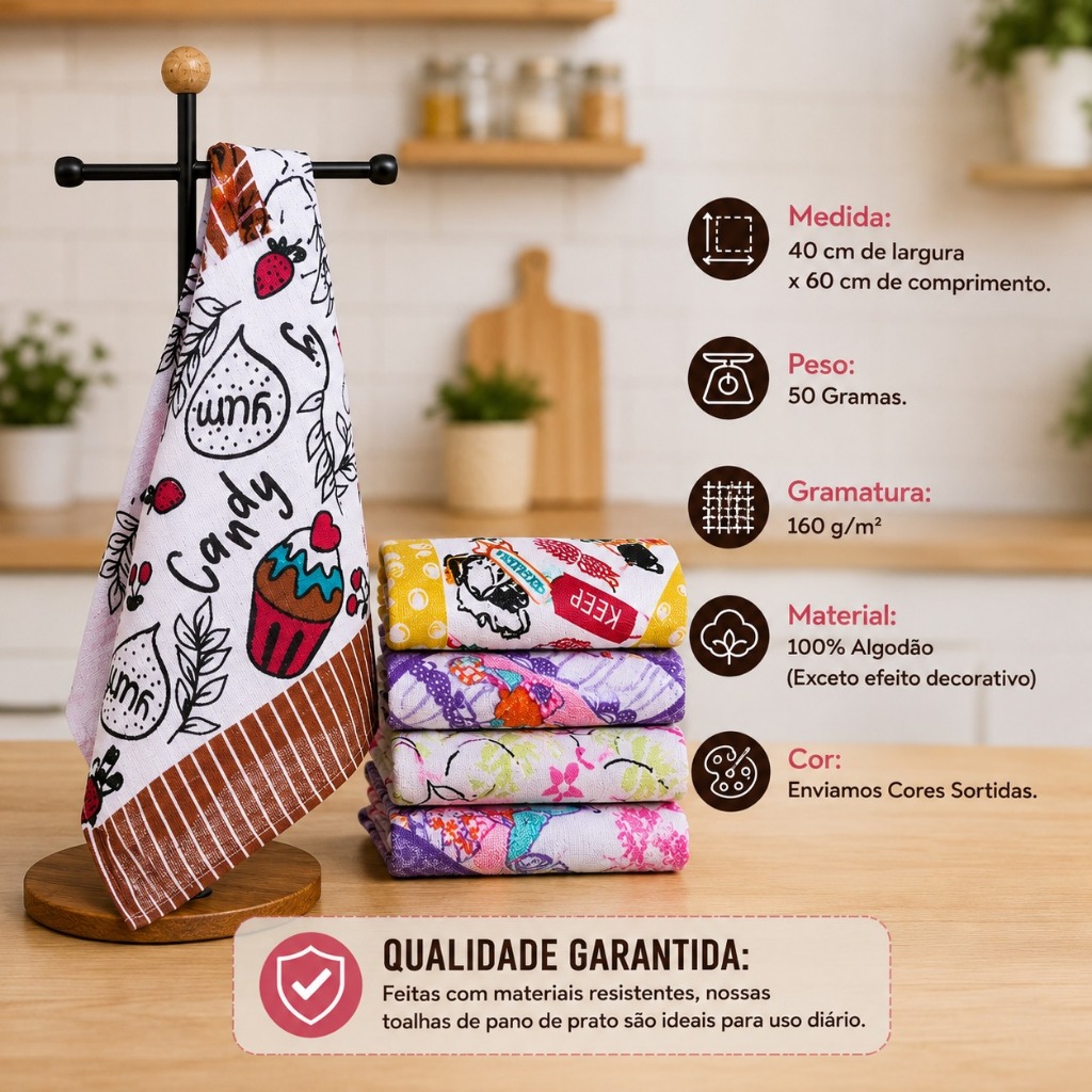 KIT 5 Pano de prato copa cozinha lavar louca felpudo atoalhado