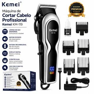 Máquina de Cortar Cabelo Profissional Kemei KM-119 – Bivolt, 4 Pentes, Uso Barbeiro & Dom…