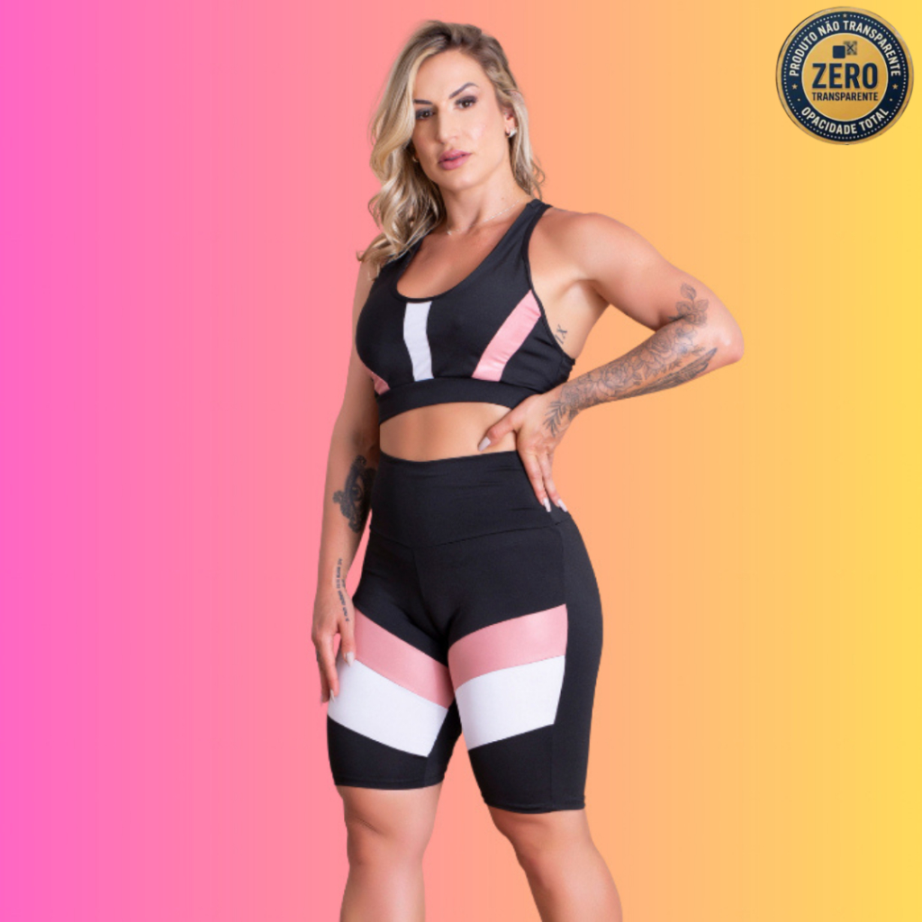 Conjunto Fitness Feminino Bermuda Cintura Alta Com Detalhe Recorte E Top Nadador Sustentação Academia Treino RIQ Modas