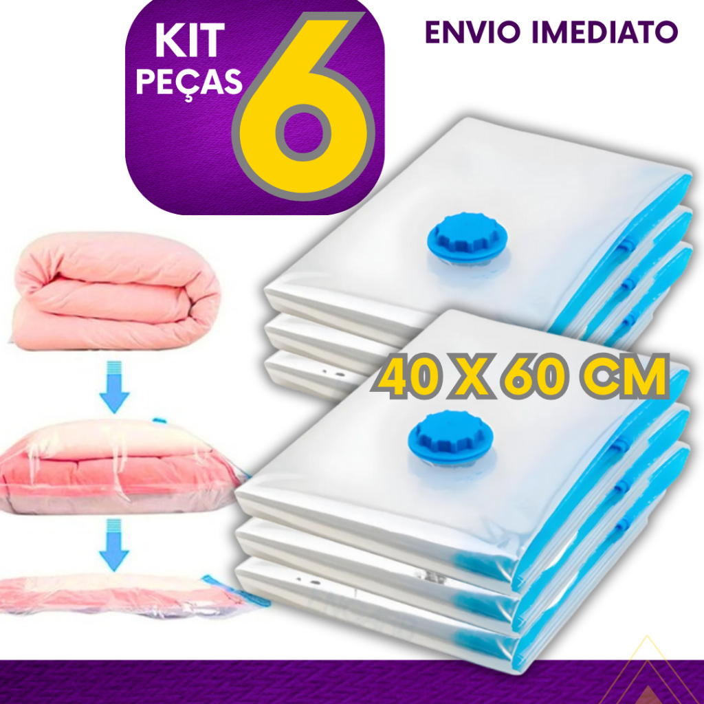 Kit 6 Saco A Vácuo 40X60 Bomba Organizador Viagem Mala Casa Guarda Roupa Cobertas Edredon Resistente