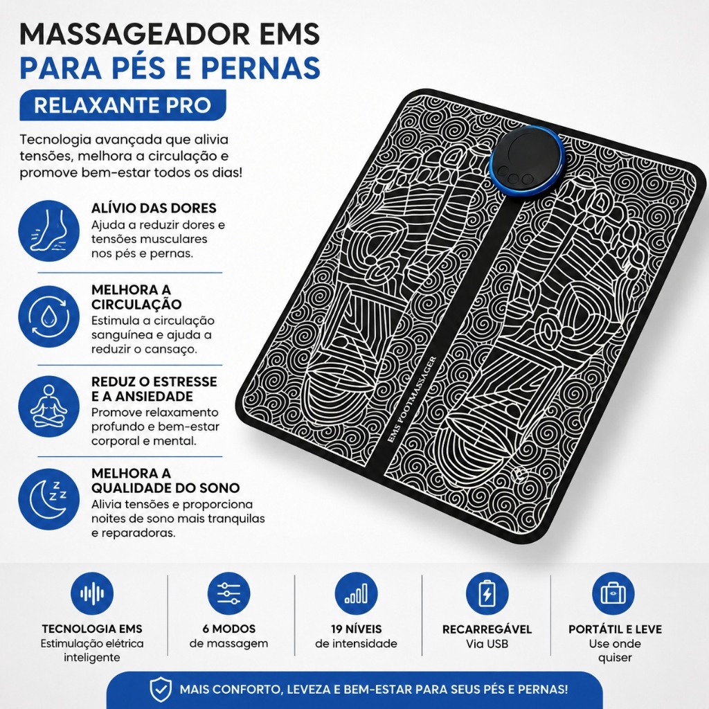 Massageador EMS Magnético Pés e Pernas Alívio Relax Pro