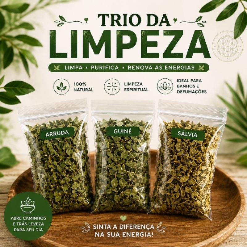 Trio da Limpeza Espiritual | Kit 3 Ervas Naturais (Arruda, Guiné e Sálvia) | Banho e Defumação Contra Energias Negativas