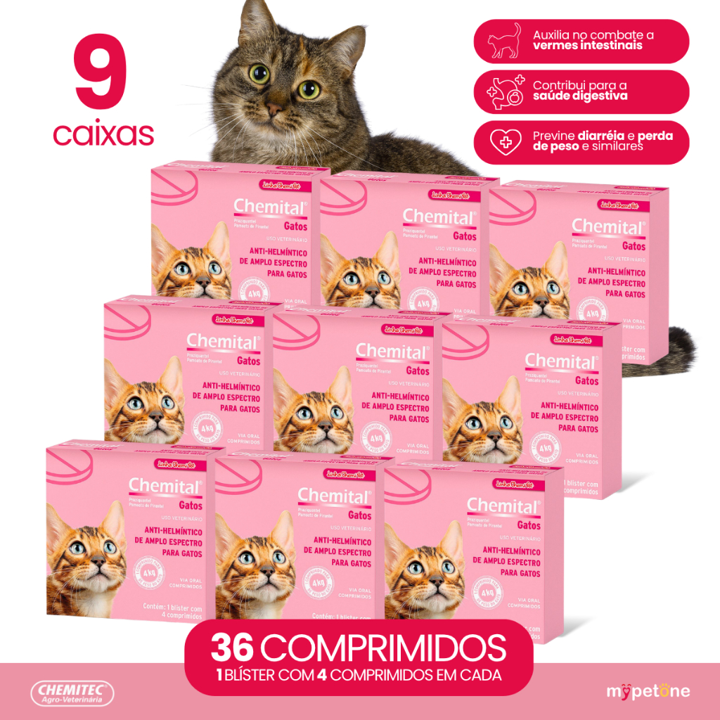 Kit 9 Vermífugo Chemitec Chemital para Gatos - 4 Comprimidos